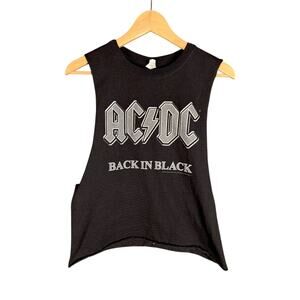 Women's AC/DC Back in Black Cutoff Cropped Heavy Metal Rock T-Shirt Anvil Size S
